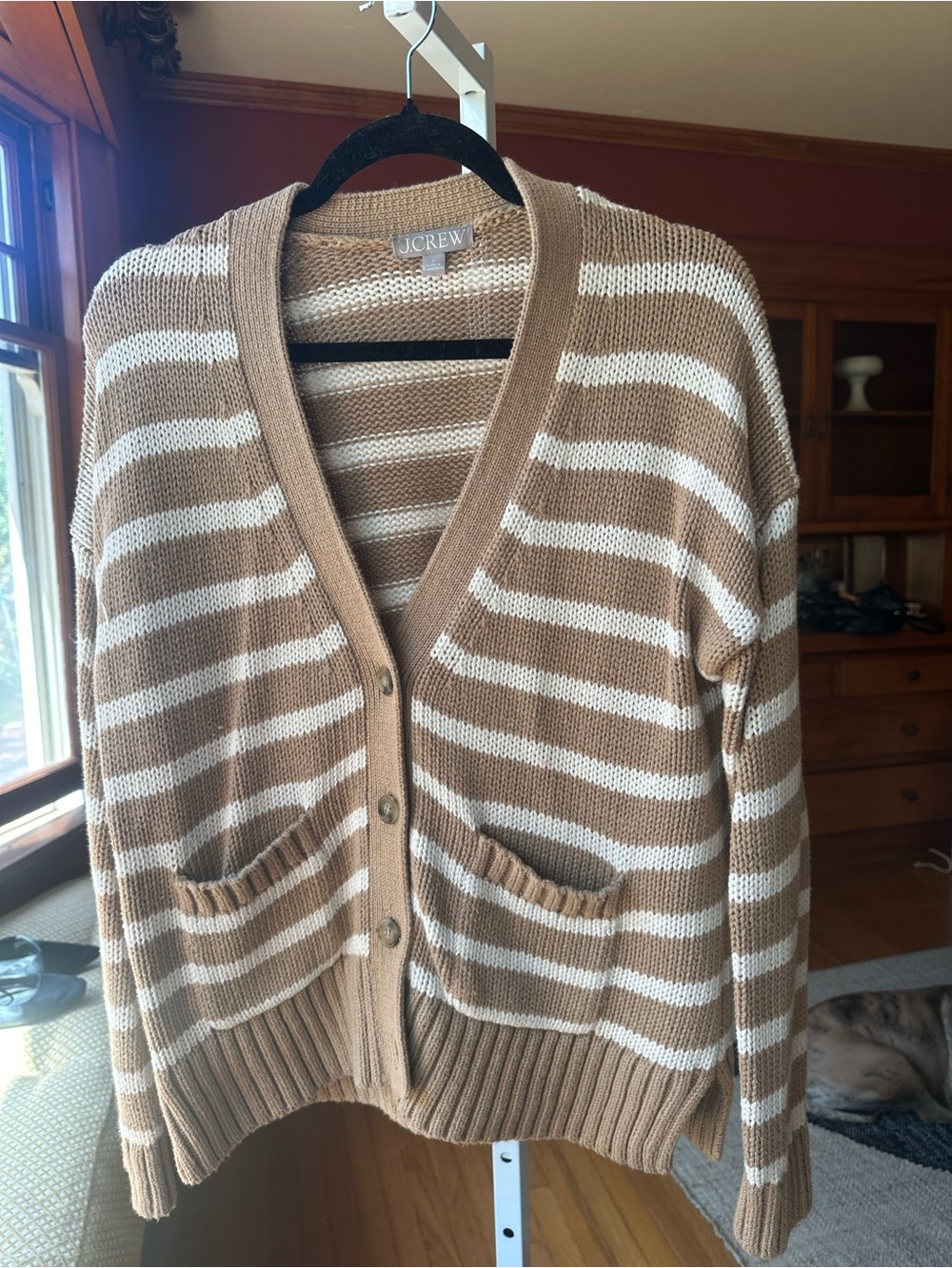 J. Crew Tan and White Striped V-Neck Cardigan